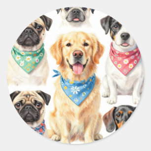 Cute Puppy Portraits Bandana Collage Watercolor Classic Round Sticker