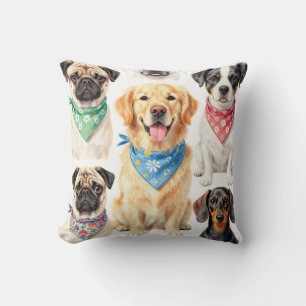 Cute Puppy Portraits Bandana Collage Watercolor Cushion