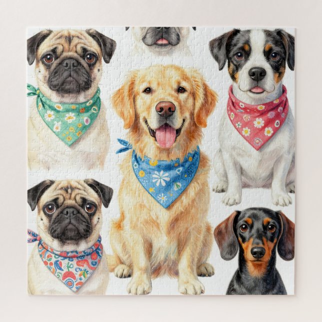 Cute Puppy Portraits Bandana Collage Watercolor Jigsaw Puzzle (Vertical)
