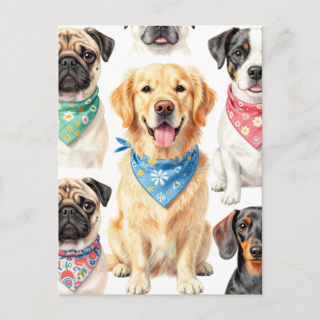 Cute Puppy Portraits Bandana Collage Watercolor Postcard (Front)