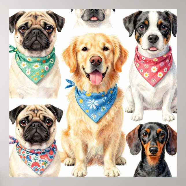 Cute Puppy Portraits Bandana Collage Watercolor Poster (Front)