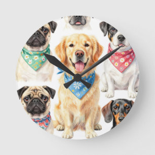 Cute Puppy Portraits Bandana Collage Watercolor Round Clock