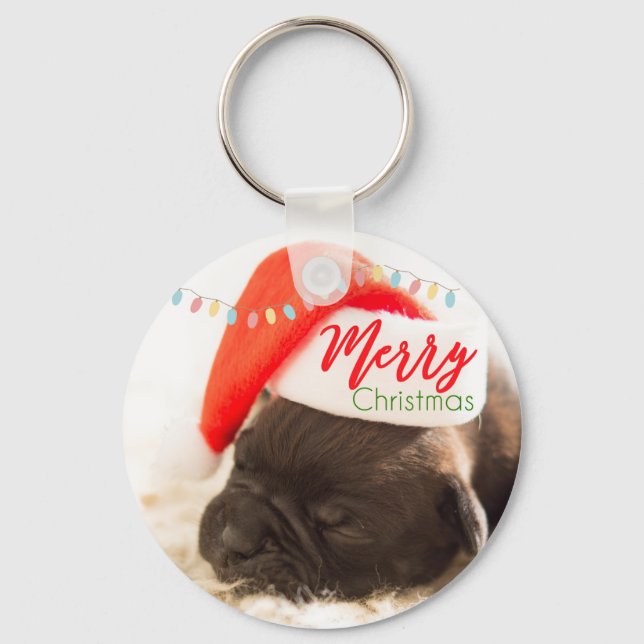 Cute Puppy Pug in a Red Santa Hat Christmas Key Ring (Front)