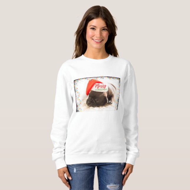 Cute Puppy Pug in a Red Santa Hat Christmas Sweatshirt (Front Full)