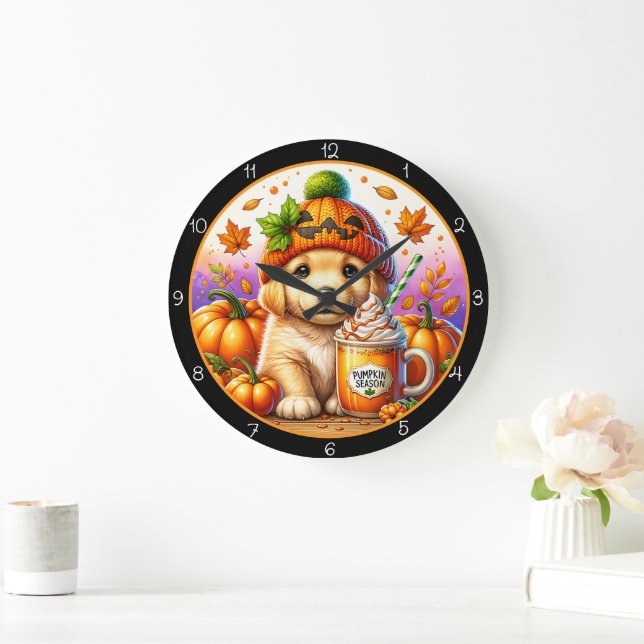 Cute Puppy Pumpkin Season Fall Theme Large Clock (Home)