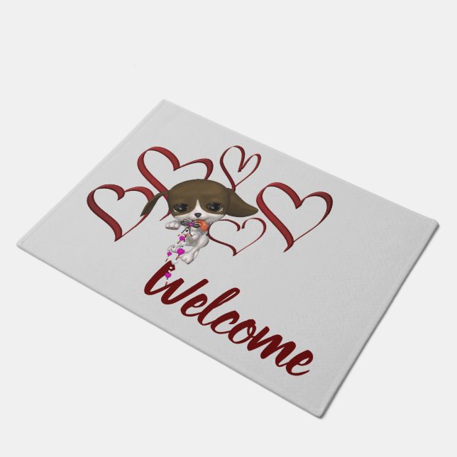 Cute Puppy Red Hearts Welcome Doormat (Angled)