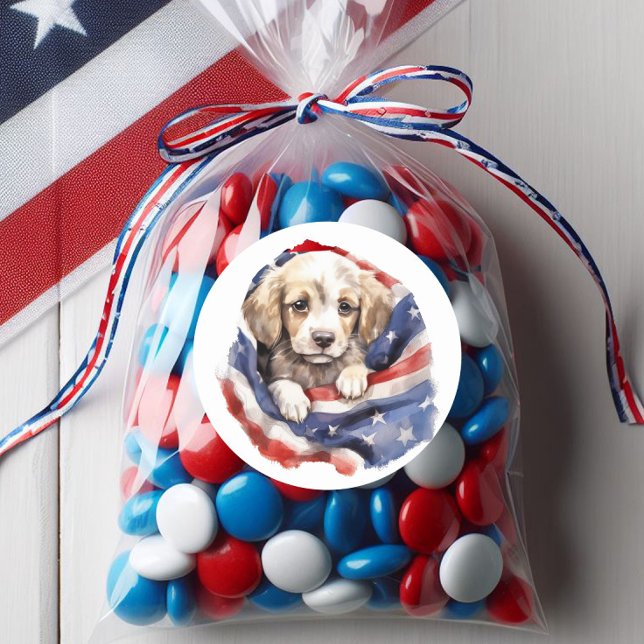 Cute Puppy Red White Blue American Flag  Classic Round Sticker (Patriotic puppy and American flag sticker)