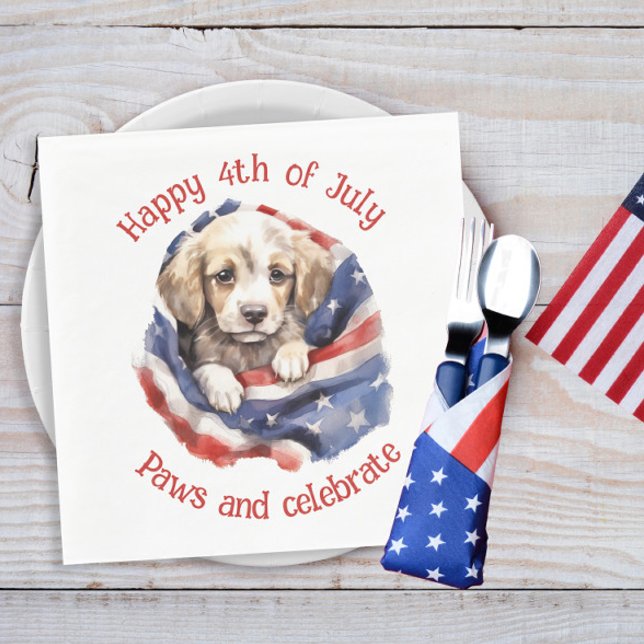 Cute Puppy Red White Blue American Flag Happy 4th  Napkin (American flag and puppy 4th of July paper napkins)