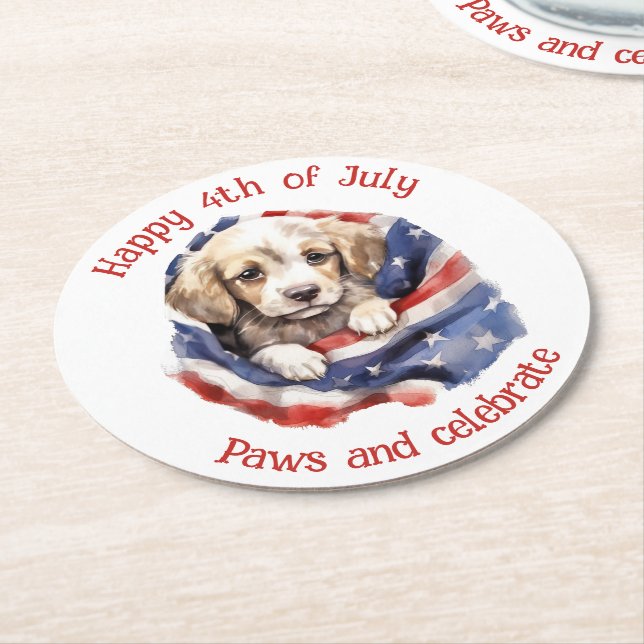 Cute Puppy Red White Blue American Flag Happy 4th  Round Paper Coaster (Angled)