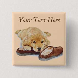 cute puppy retriever dog cuddling slippers 15 cm square badge