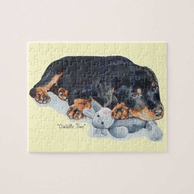cute puppy rottweiler cuddling teddy bear jigsaw puzzle (Horizontal)