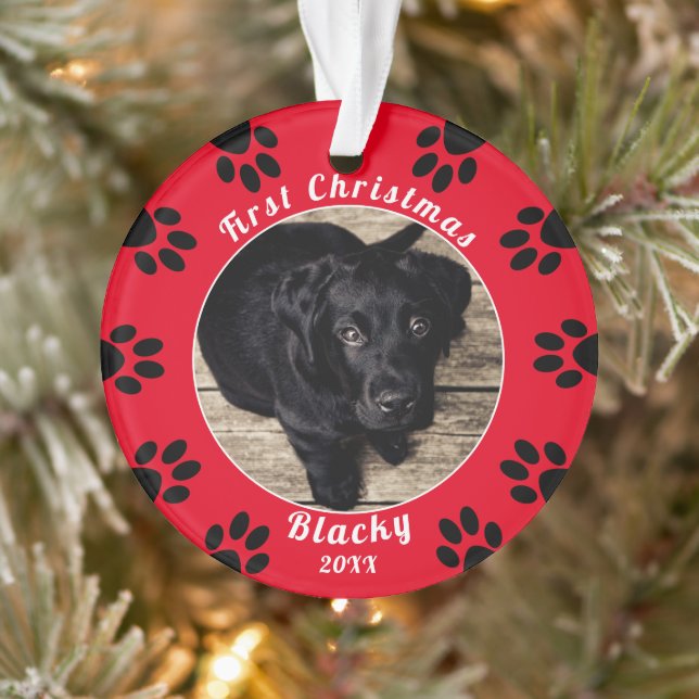 Cute Puppy`s First Christmas Paw Print Dog Photo Ornament (Tree)