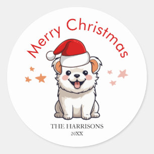 Cute Puppy Santa Hat Merry Christmas  Classic Round Sticker