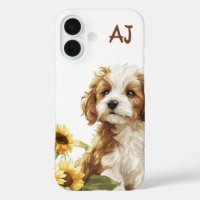 Cute Puppy Sunflowers Monogram
