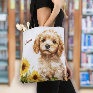 Cute Puppy Sunflowers Personalised Tote Bag