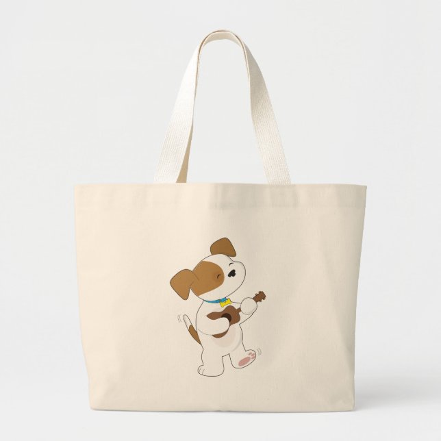 Cute Puppy Ukulele Large Tote Bag (Front)