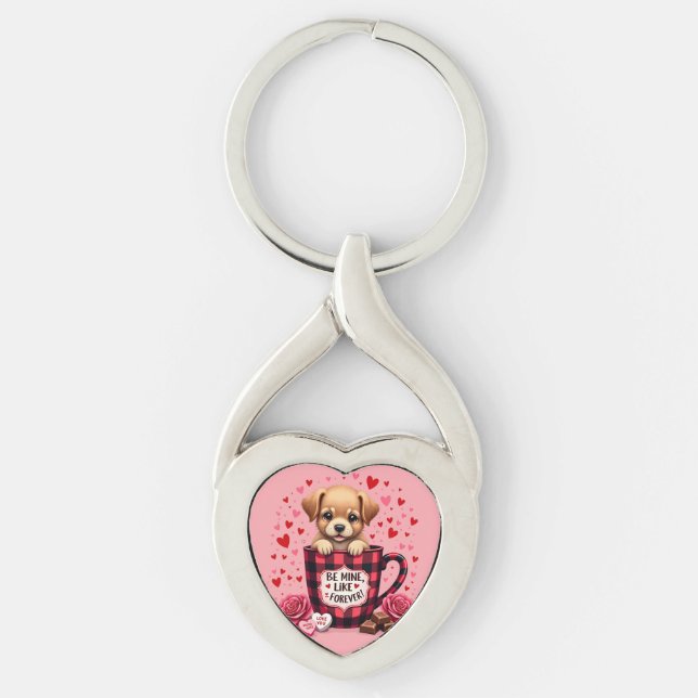 Cute Puppy Valentine Buffalo Plaid Aesthetic Mug Key Ring (Front)