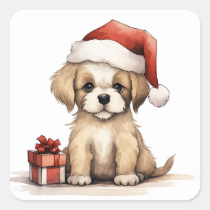 Cute Puppy Wearing a Santa Hat Christmas Square Sticker