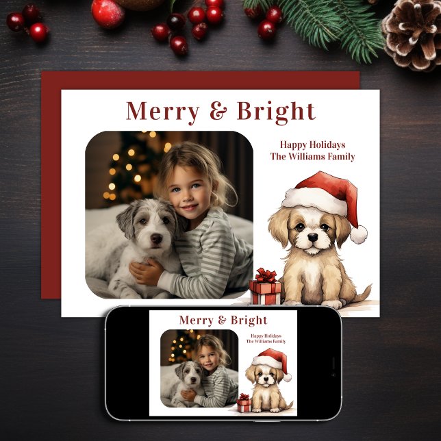 Cute Puppy Wearing a Santa Hat Dog Photo Christmas Holiday Card (Printed and Digital - Cute Puppy Wearing a Santa Hat Dog Photo Christmas Holiday Card)