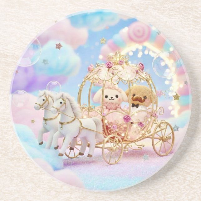 Cute Puppy Wedding Fairytale Carriage Coaster (Front)