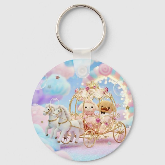 Cute Puppy Wedding Fairytale Carriage Key Ring (Front)