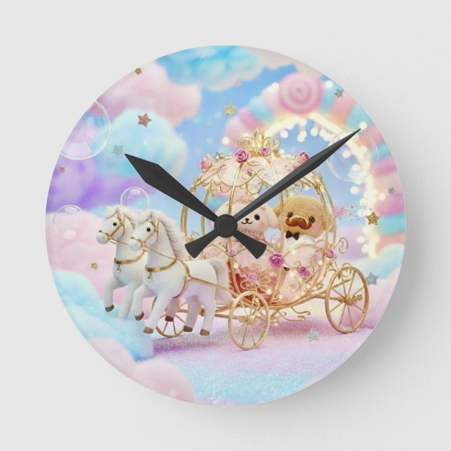 Cute Puppy Wedding Fairytale Carriage Round Clock (Front)