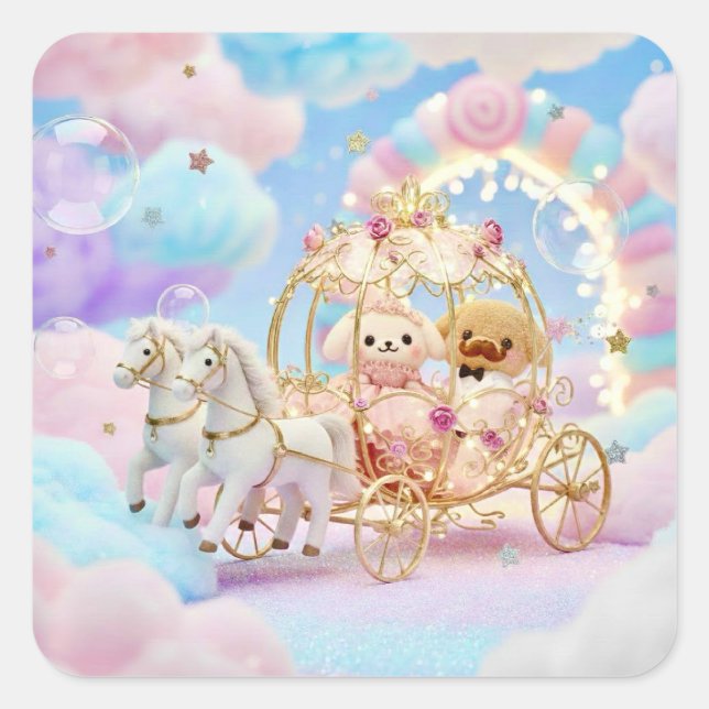 Cute Puppy Wedding Fairytale Carriage Square Sticker (Front)