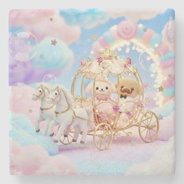 Cute Puppy Wedding Fairytale Carriage Stone Coaster (Front)