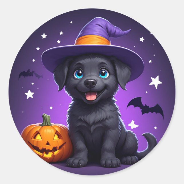 Cute Puppy Witch Hat Halloween 🐶 Classic Round Sticker (Front)