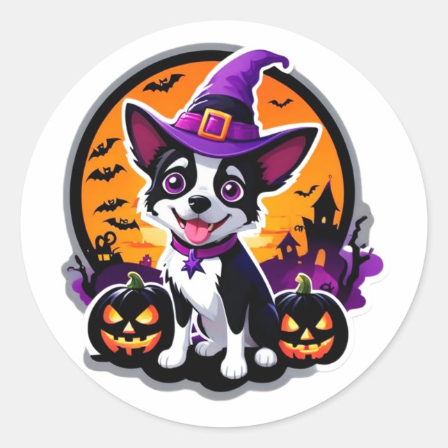 Cute Puppy Witch Hat Halloween 🎃 Classic Round Sticker (Front)