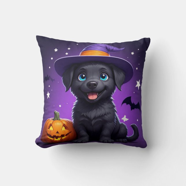 Cute Puppy Witch Hat Halloween 🐶 Cushion (Front)