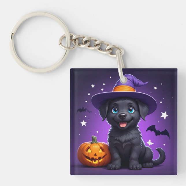 Cute Puppy Witch Hat Halloween 🐶 Key Ring (Front)