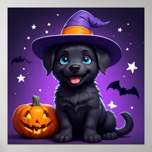 Cute Puppy Witch Hat Halloween 🐶 Poster (Front)