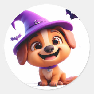 Cute Puppy Witch Hat Halloween Round Dog Design Classic Round Sticker
