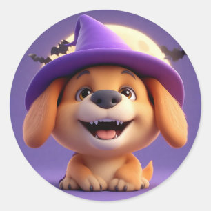 Cute Puppy Witch Hat Spooky Halloween Dog Art Classic Round Sticker
