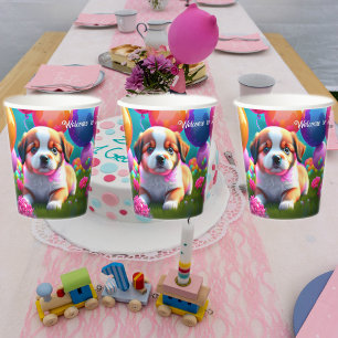 Cute puppy with balloons - birthday paper cups