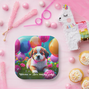 Cute puppy with balloons - birthday paper plate