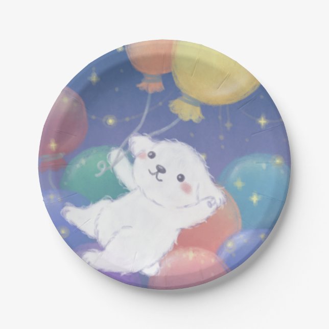 Cute Puppy with Balloons & Stars Paper Plate (Front)