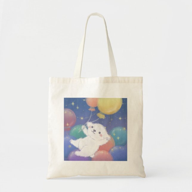 Cute Puppy with Balloons & Stars Tote Bag (Front)