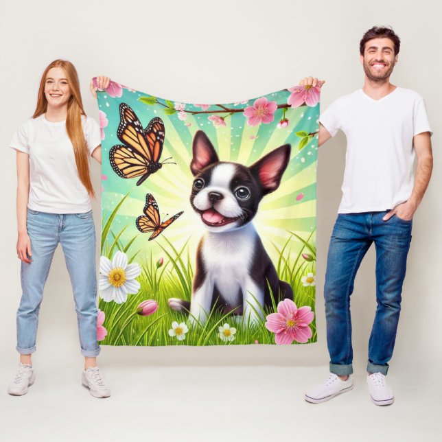 Cute Puppy with Blossoms and Butterflies Fleece Blanket (In Situ)