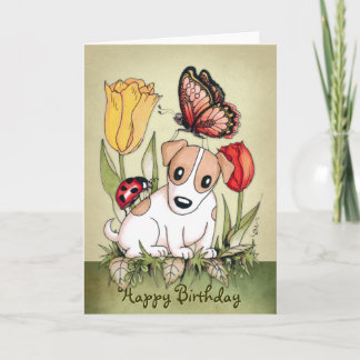 Cute Puppy with Butterfly and Ladybug Birthday Card