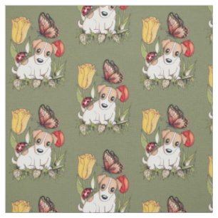 Cute Puppy with Butterfly, Ladybug and Tulips Fabric