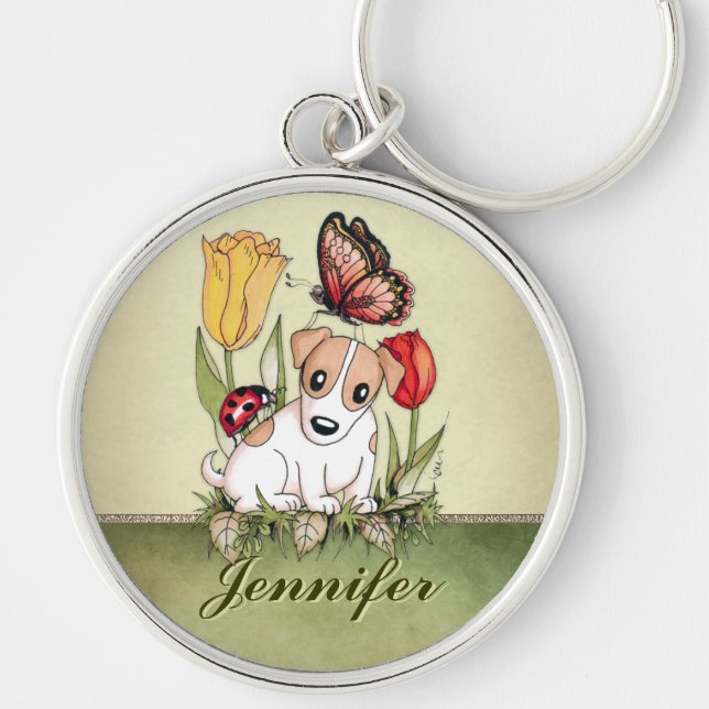 Cute Puppy with Butterfly, Ladybug and Tulips Key Ring (Front)