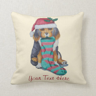 cute puppy with christmas stocking and santa hat cushion