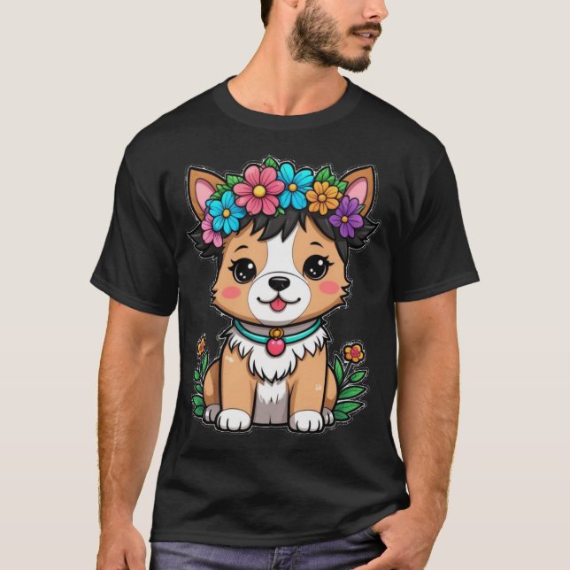 Cute Puppy with Flower Crown - Adorable Canine Art T-Shirt (Front)
