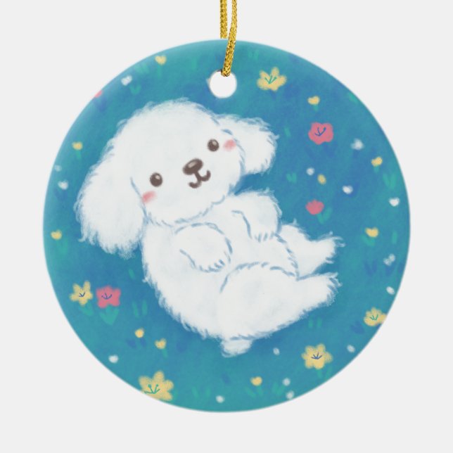 Cute Puppy with Flowers Ceramic Tree Decoration (Front)