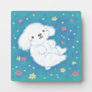 Cute Puppy with Flowers Plaque