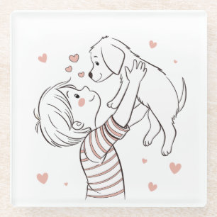 Cute Puppy with Happy Kid Cartoon Glass Coaster