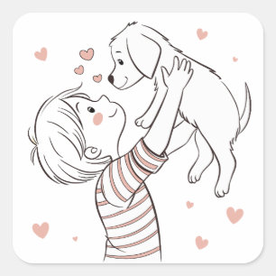 Cute Puppy with Happy Kid Cartoon Square Sticker
