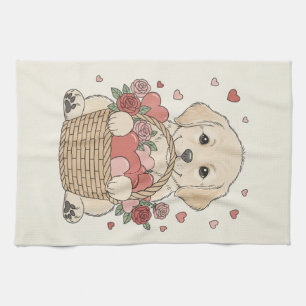 Cute Puppy with Heart and Rose Basket illustration Tea Towel